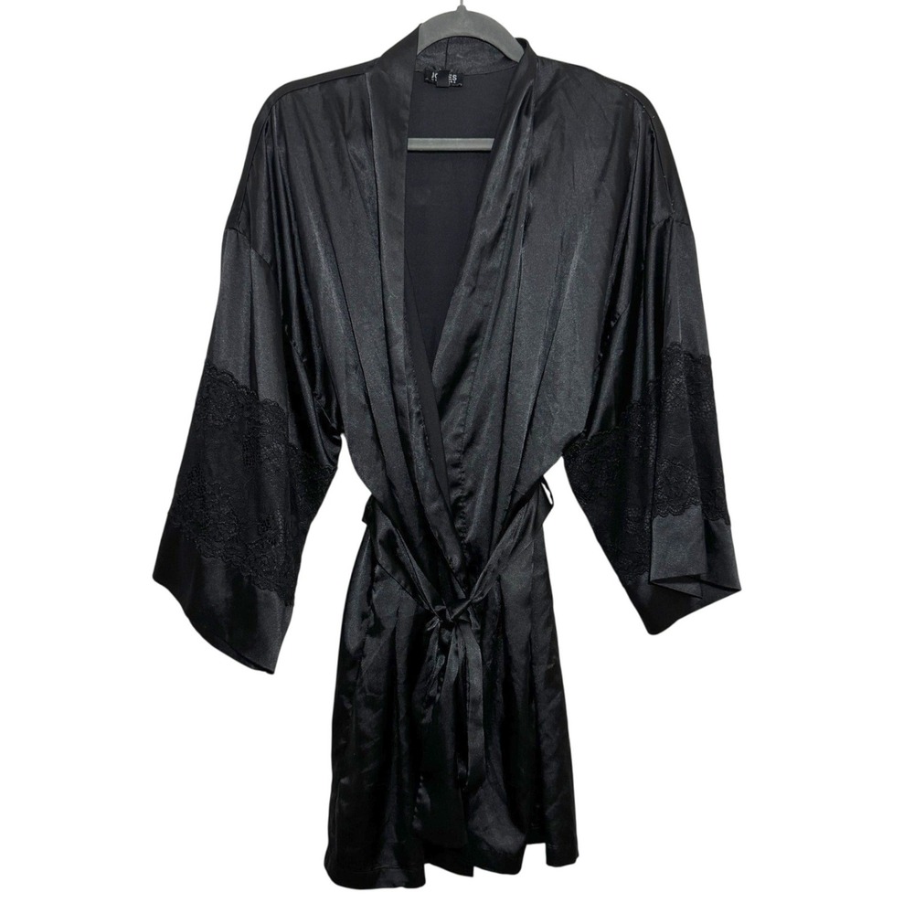 Jones New York Black Satin Robe Lace Sleeve Kimono L-XL 1799025